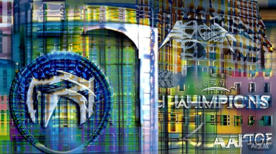 欧洲冠军联赛官方标志与比赛精彩瞬间合成图